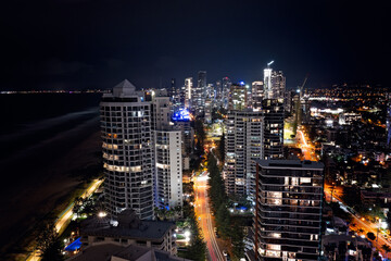 Fototapeta premium night cityscape, Gold Coast Queensland Australia, beach ocean lights, travel destination holiday vacation tourism