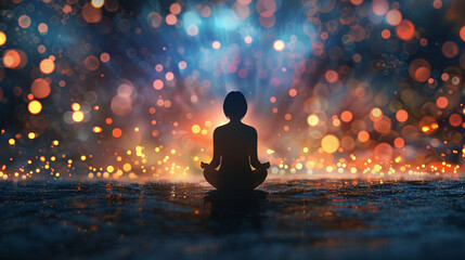 Meditating Silhouette against Illuminated Bokeh Background - Powered by Adobe