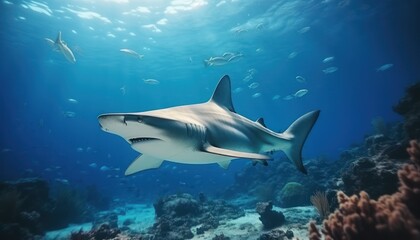 Fototapeta premium The great White Shark in the ocean, portrait of White shark hunting prey in the underwater