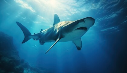 Fototapeta premium The great White Shark in the ocean, portrait of White shark hunting prey in the underwater