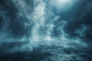 This atmospheric image features ethereal blue smoke swirling over a cracked dark surface, invoking a sense of mystery