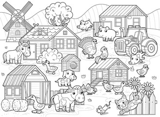 cartoon scene with farm ranch village buildings windmill barn chicken coop animals cow horse chickens dog cat and tractor sketch drawing illustration for children