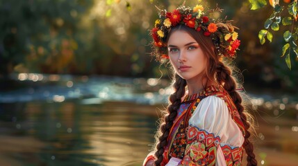 A young stylish woman with long braided hair is stunning in her Ukrainian traditional attire and floral wreath striking a pose by a serene river in nature The vibrant image captures her bea