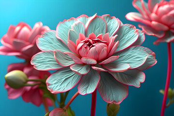 Soft pink flower close-up on a teal backdrop.