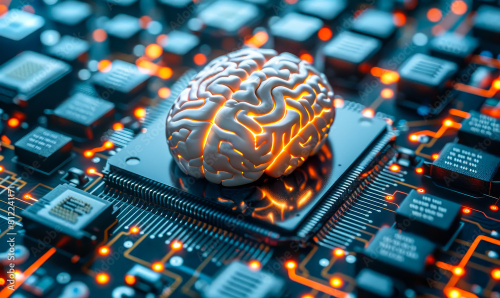 Poster futuristic brain-like microchip on circuit board: ai technology and neural network concept in electr