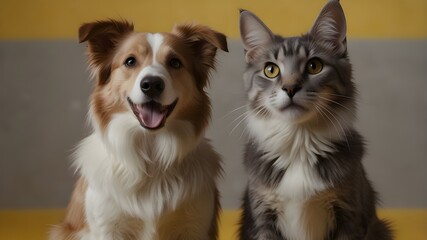 A happy-looking border collie dog with a grey-striped tabby cat on a yellow background