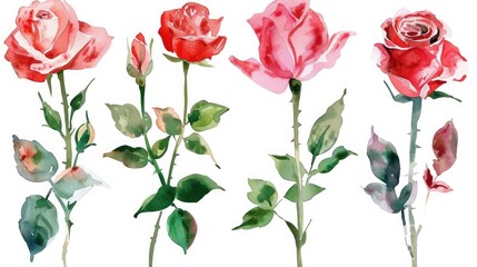 A watercolor illustration featuring a set of red and pink roses on an isolated background