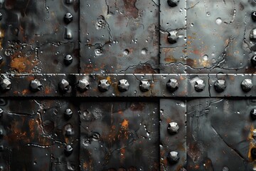 Detailed view of a rusty metal sheet with a grid of rivets and bolts showing age and wear