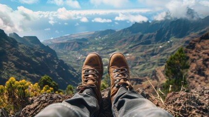 An artistic shot capturing the perspective of a man s hiking boots and the breathtaking landscape...