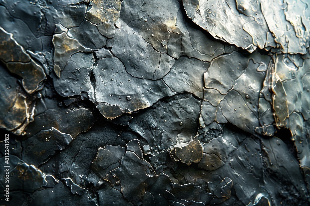 Poster this image features an abstract texture reminiscent of black scales with subtle rust elements