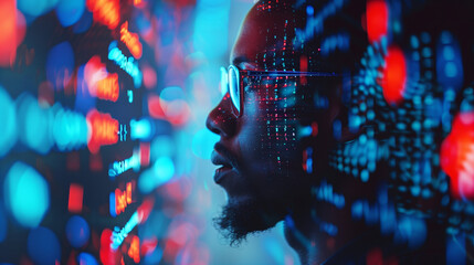 artificial intelligence cyber security threat illustration concept AI banner. Black african american male IT specialist analysing data information technology privacy leaks AR artificial intelligence - Powered by Adobe