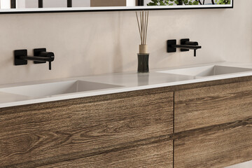 Close up of double basin with mirrors standing in on gray wall , wooden cabinet with faucets in minimalist bathroom