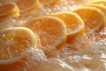 Vibrant close-up image showing sliced lemons submerged in water with air bubbles around