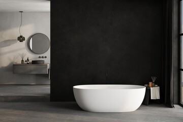 Black minimalist bathroom interior.