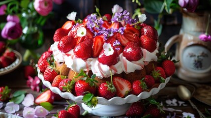 Delight in the exquisite flavors of a Scandinavian midsummer cake adorned with luscious strawberries and decadent cream