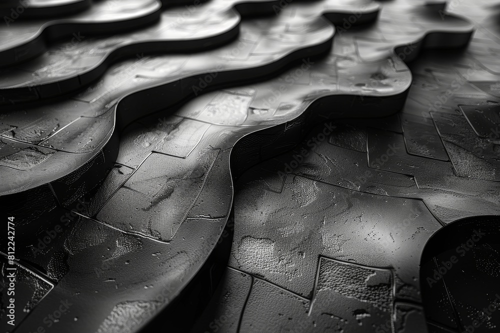 Poster abstract close-up of black wavy surface with intricate details and light reflections creating a mesm