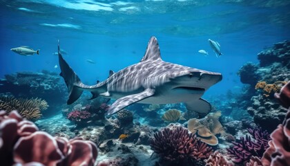 Fototapeta premium Great White Shark in the ocean, portrait of White shark hunting prey in the underwater
