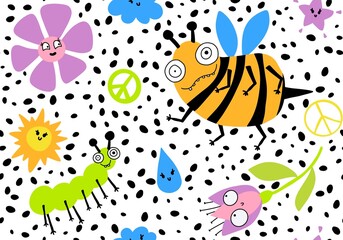 Cartoon summer print seamless bee and flower and sun and clouds and peace sign