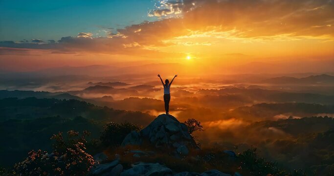 Practicing yoga at sunrise on a mountain, showing the harmony of nature and self on World Yoga Day. International Yoga Day
