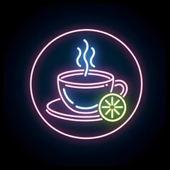 Neon cup of tea with lemon - obrazy, fototapety, plakaty