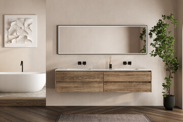Beige bathroom interior with white basin and mirror, parquet floor, bathtub, plants. Bathing...
