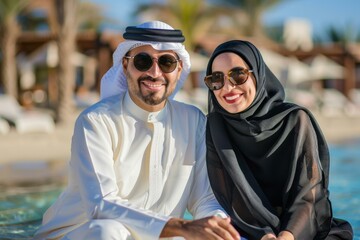  Joyful Muslim couple enjoying a sunny resort getaway, dressed in traditional attire.