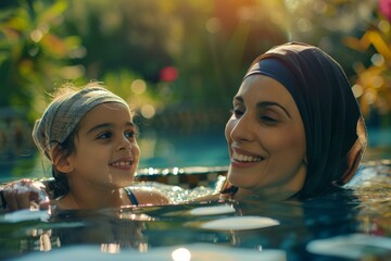  Joyful Muslim mother and daughter enjoying pool time, sunlight enhancing warm smiles