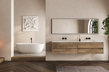 Beige bathroom interior with white basin and mirror, parquet floor, bathtub, plants. Bathing...