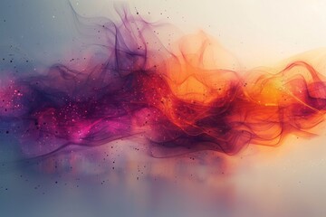 A digital artwork featuring vibrant, ethereal smoke waves that transition from purple to orange on...