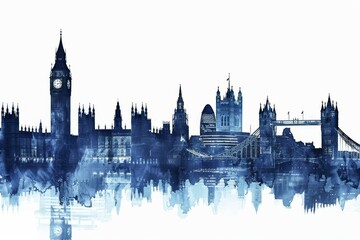 Fototapeta premium Abstract blue watercolor London skyline with iconic landmarks and reflections.
