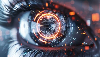 Futuristic eye with digital augmentation, symbolizing advanced technology.