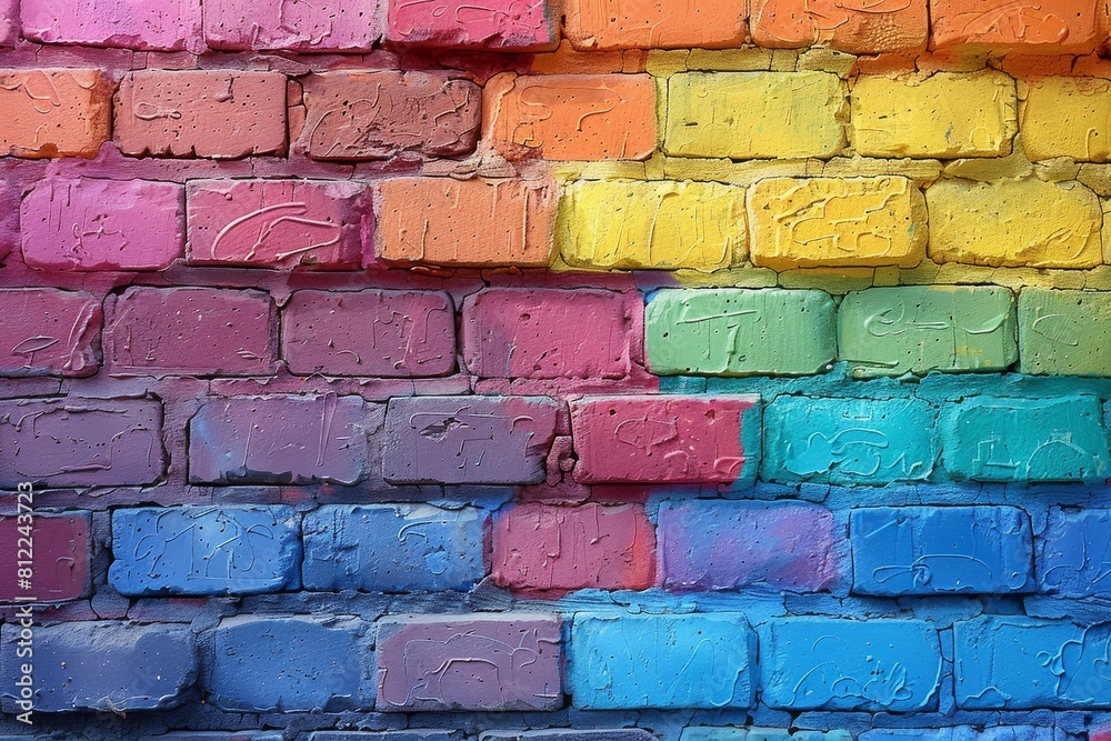 Poster a colorful gradient transitions across weathered bricks, showcasing an array of hues from pinks to b