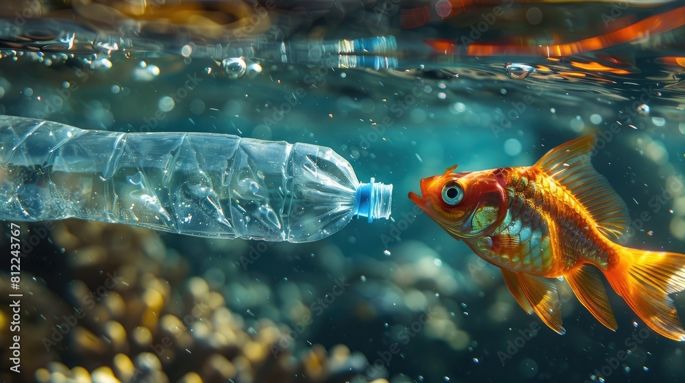 Poster A plastic bottle resembling a fish swims alongside a real fish highlighting the connection between plastic pollution and its impact on marine life in our oceans