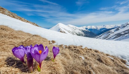 crocus flower emerges from the snow mountain landscape in spring