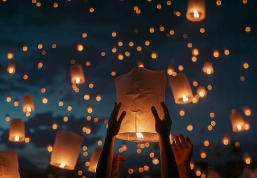 Families release paper lanterns at night during Loy Krathong and Yi Peng Festival
