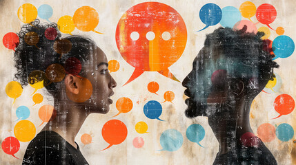 Dialogue and Diversity: Colorful Speech Bubbles Between Male and Female Silhouettes - obrazy, fototapety, plakaty
