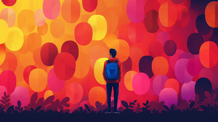 Exploring Digital Worlds: Young Man Overlooking a Vibrant Abstract Data Landscape. - obrazy, fototapety, plakaty