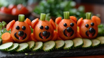 Playful dog-shaped vegetable crudites, featuring bell pepper ears and cucumber noses, offering a healthy and fun snack that's sure to make kids wag their tails with delight - obrazy, fototapety, plakaty