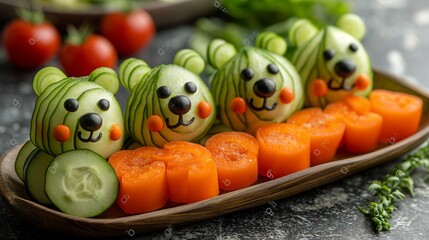 Playful dog-shaped vegetable crudites, featuring bell pepper ears and cucumber noses, offering a healthy and fun snack that's sure to make kids wag their tails with delight - obrazy, fototapety, plakaty