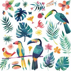 Colorful Tropical Birds and Exotic Flora Pattern Illustration