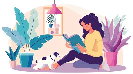 A young woman is reading a book on the floor, while a small dog sits beside her, looking up at her with a paw on her foot - obrazy, fototapety, plakaty