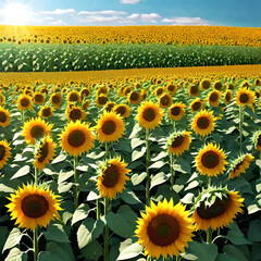 Green field full of sunflowers in the sun. AI generated - obrazy, fototapety, plakaty