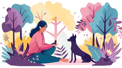A young woman is sitting on the grass in a park with her dog. She is smiling and petting the dog, who is looking up at her with - obrazy, fototapety, plakaty