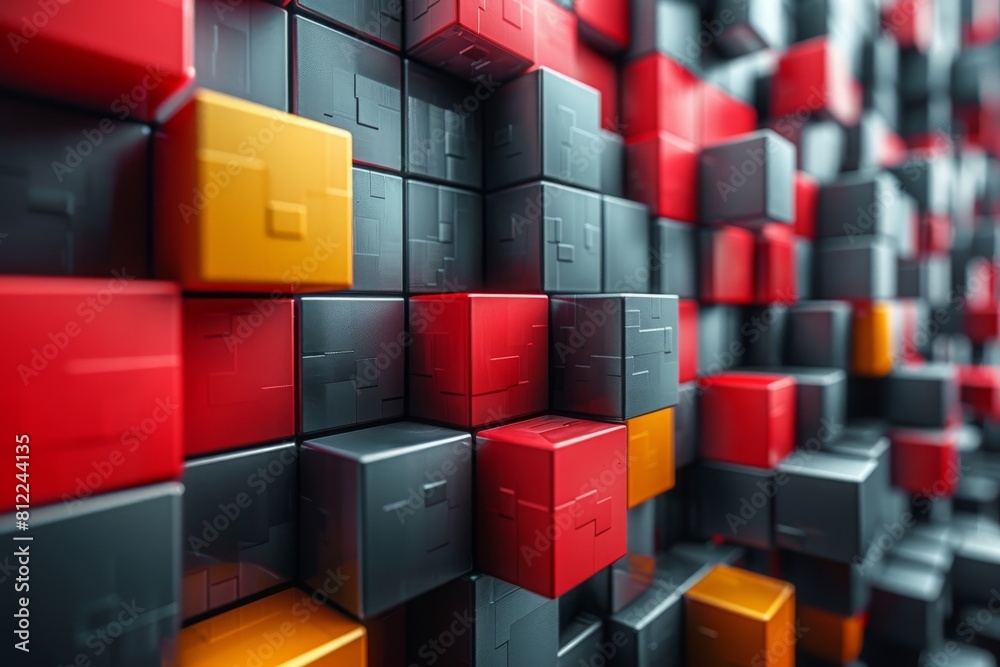 Poster striking red and black 3d cubes, some with selective coloring, create a bold and dynamic abstract pa