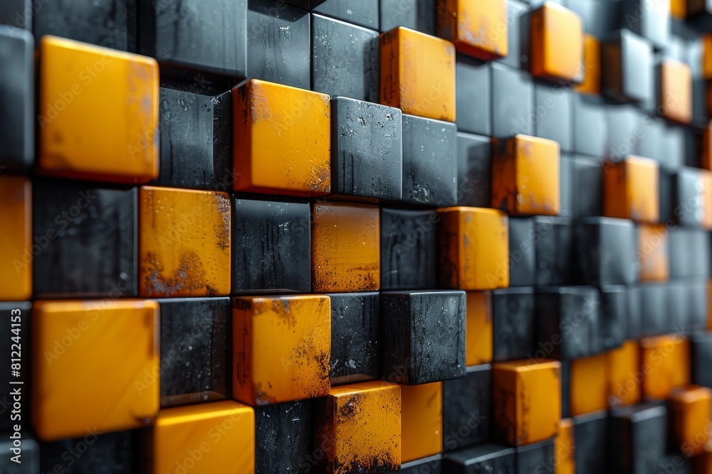 Poster a sharp image of black and orange 3d cubes with a wet, reflective surface creating a contemporary an