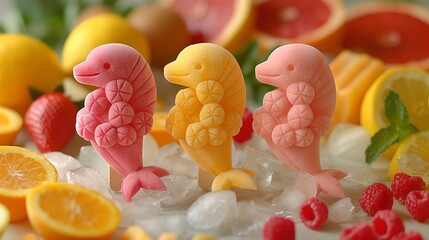 Playful dolphin-shaped fruit popsicles, made with fresh fruit juice and coconut water, offering a refreshing and healthy treat that's perfect for cooling off on hot summer days - obrazy, fototapety, plakaty