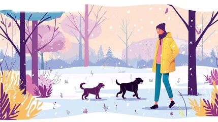 A person walking their dogs in the snow - obrazy, fototapety, plakaty