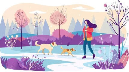 A young woman walking her two dogs in the park on a beautiful winter day - obrazy, fototapety, plakaty