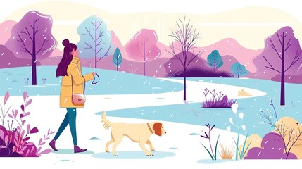 A woman walking her dog in a winter park - obrazy, fototapety, plakaty