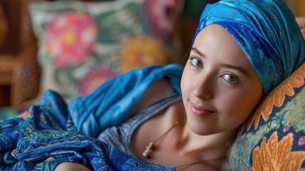 A vibrant image captures a joyful young woman bravely battling kidney cancer adorned in a blue headscarf as she rests on a hospice couch following her chemotherapy session